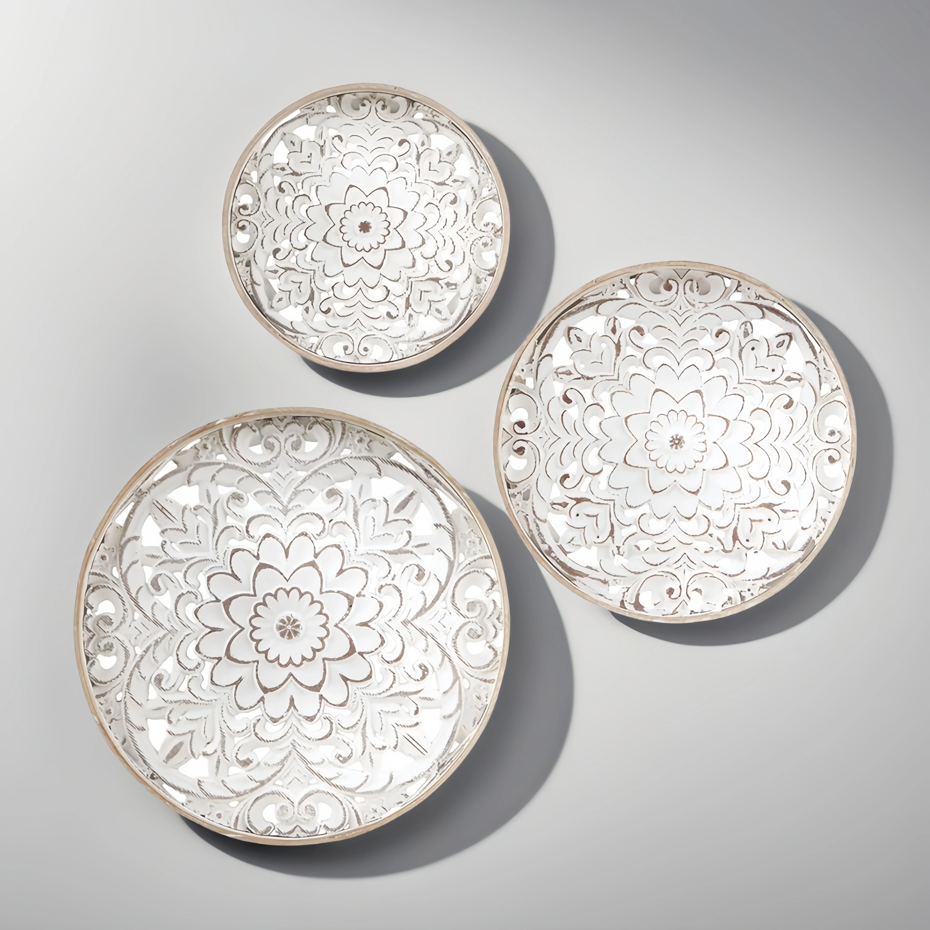 Distressed White Floral 3 piece Carved Wood Wall Decor Set