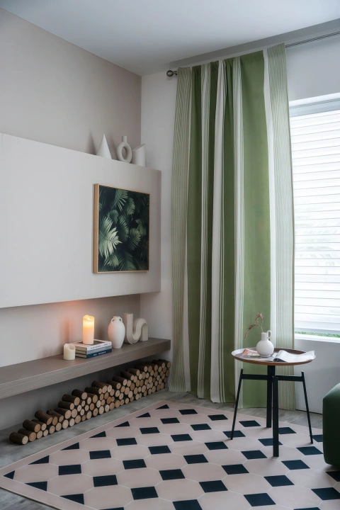 Darphe Customized White and Green Striped Cotton and Linen Semi-Blackout Curtains