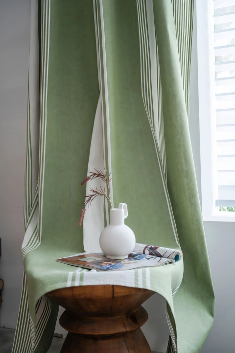 Darphe Customized White and Green Striped Cotton and Linen Semi-Blackout Curtains