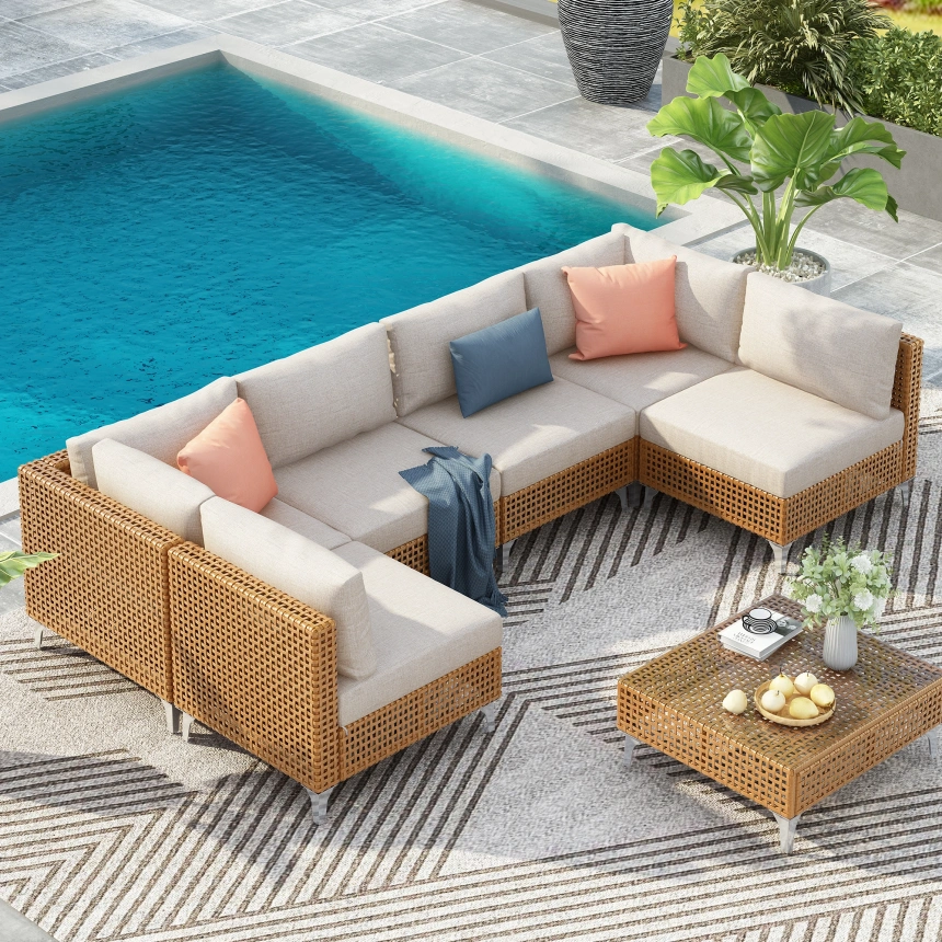 7-Piece Wicker Patio Furniture Set, Outdoor Conversation Set Sectional Sofa with Waterproof Thick Cushions and Coffee Table for Outdoor