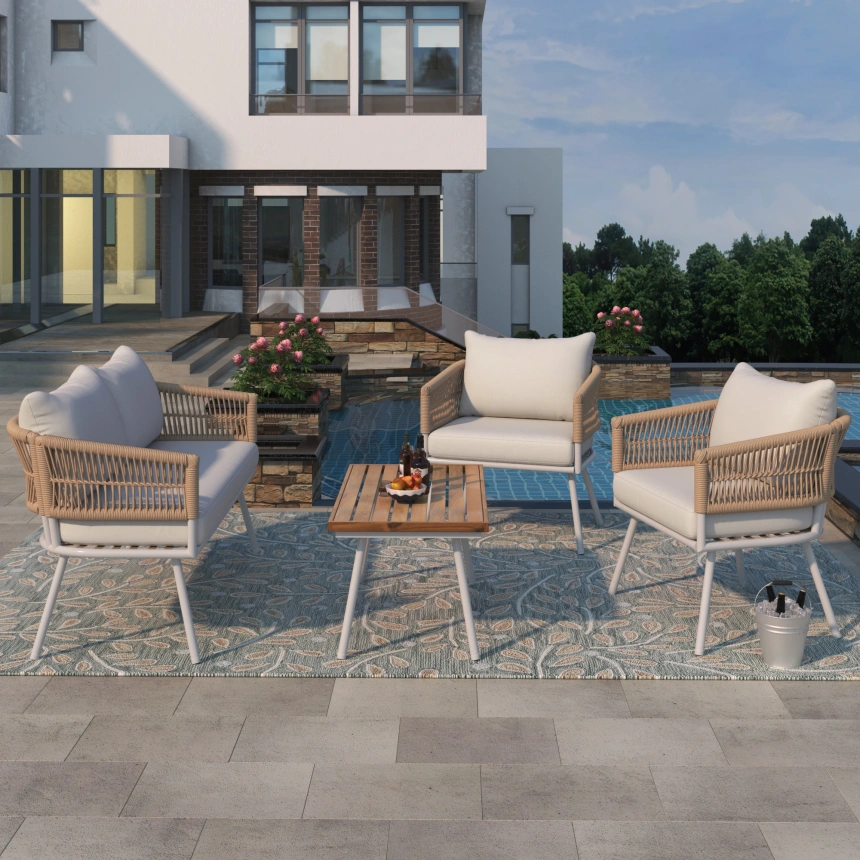 Darphe 4-Piece  Rope Patio Furniture Set, with Acacia Wood Table, Patio Conversation Set with Deep Seating & Thick Cushion for Backyard