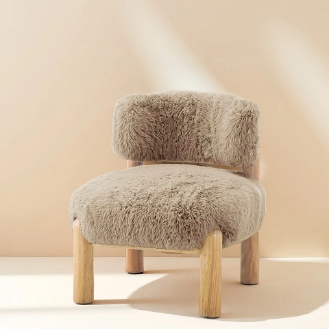 Darphe Modern Accent Chair Fur Fabric Wooden Legs Curved Backrest