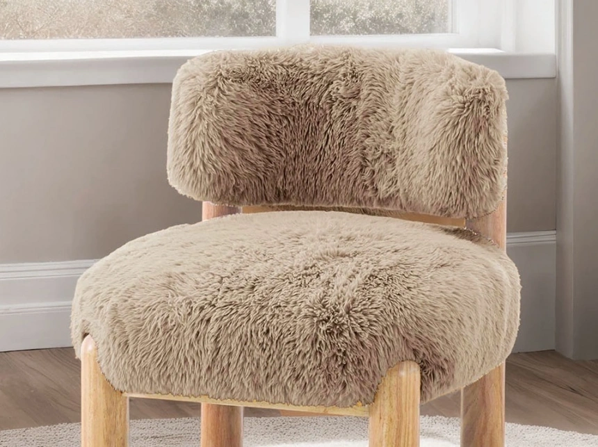 Darphe Modern Accent Chair Fur Fabric Wooden Legs Curved Backrest
