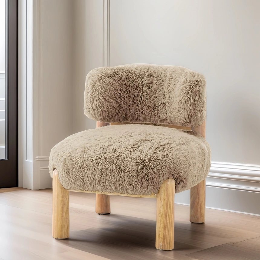 Darphe Modern Accent Chair Fur Fabric Wooden Legs Curved Backrest