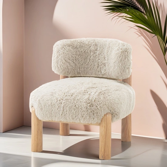 Darphe Modern Accent Chair Curved Backrest Wooden Legs Fur Fabric Taupe